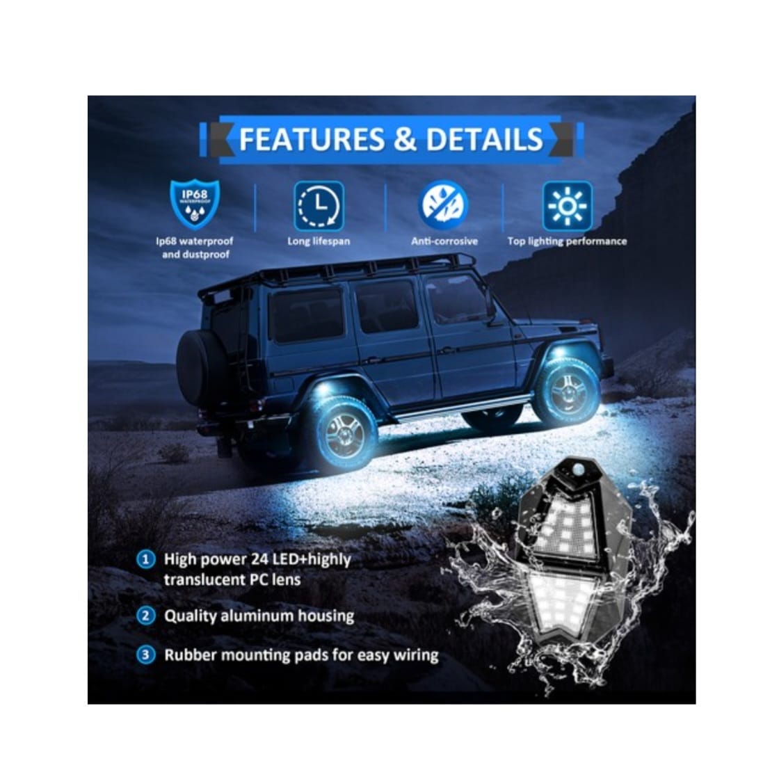 Kit 4 Rock Lights RGB LED Curvos Bluetooth con App y Control Remoto – IP68 | Música, Señales y Efectos Off-Road - Imagen 2