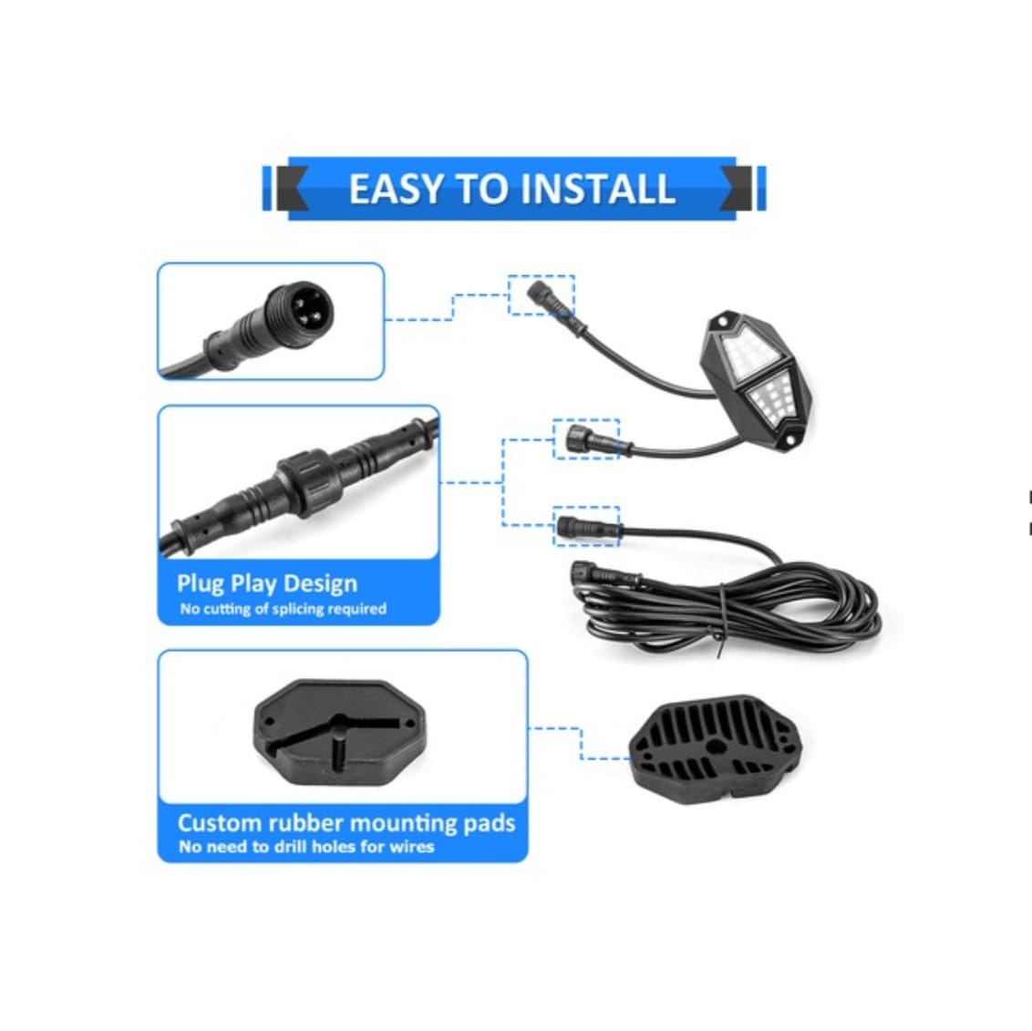Kit 4 Rock Lights RGB LED Curvos Bluetooth con App y Control Remoto – IP68 | Música, Señales y Efectos Off-Road - Imagen 6