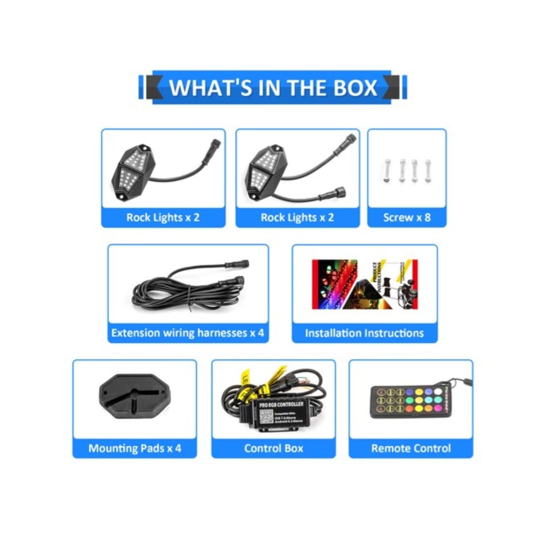 Kit 4 Rock Lights RGB LED Curvos Bluetooth con App y Control Remoto – IP68 | Música, Señales y Efectos Off-Road - Imagen 3