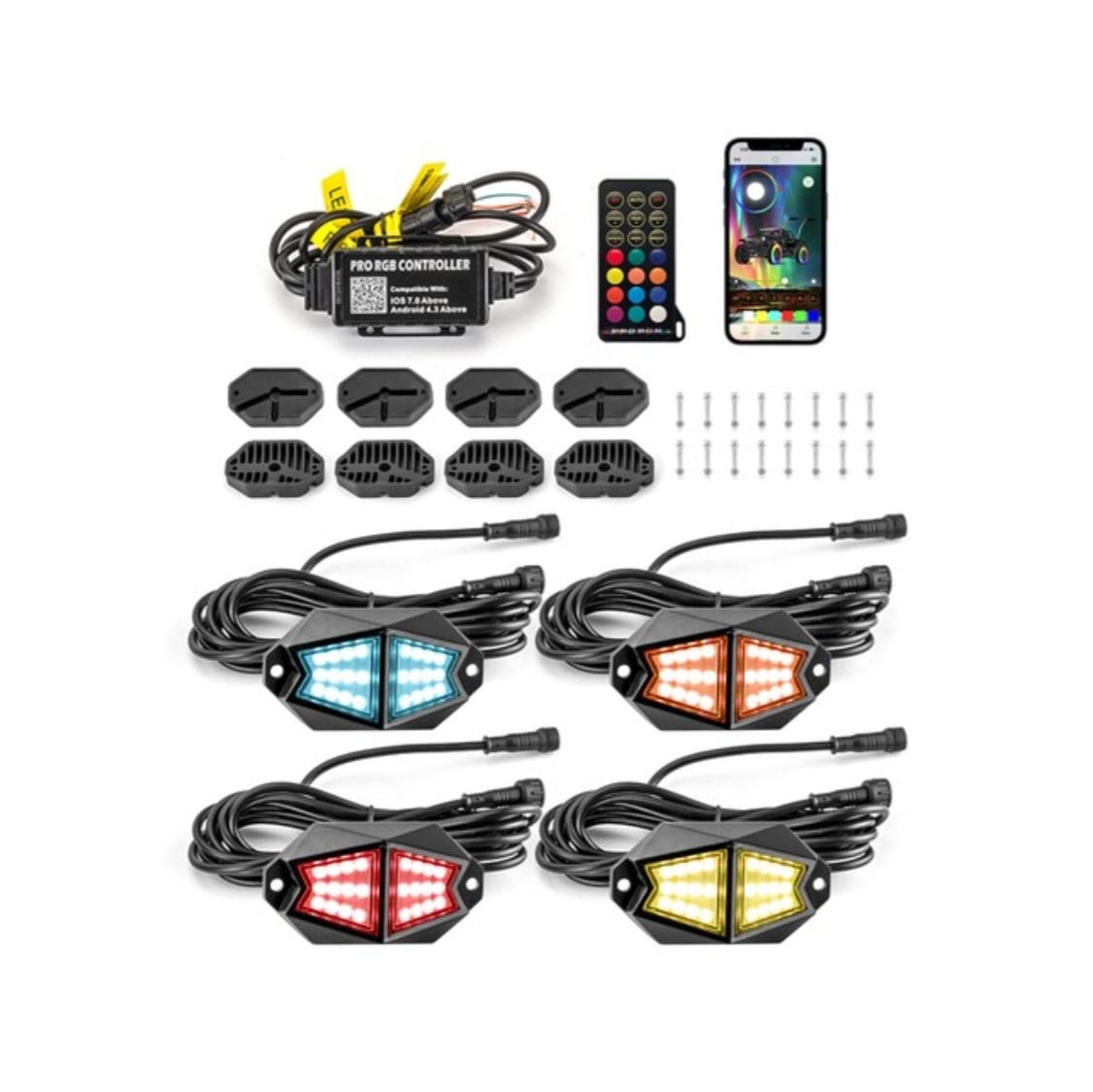 Kit 4 Rock Lights RGB LED Curvos Bluetooth