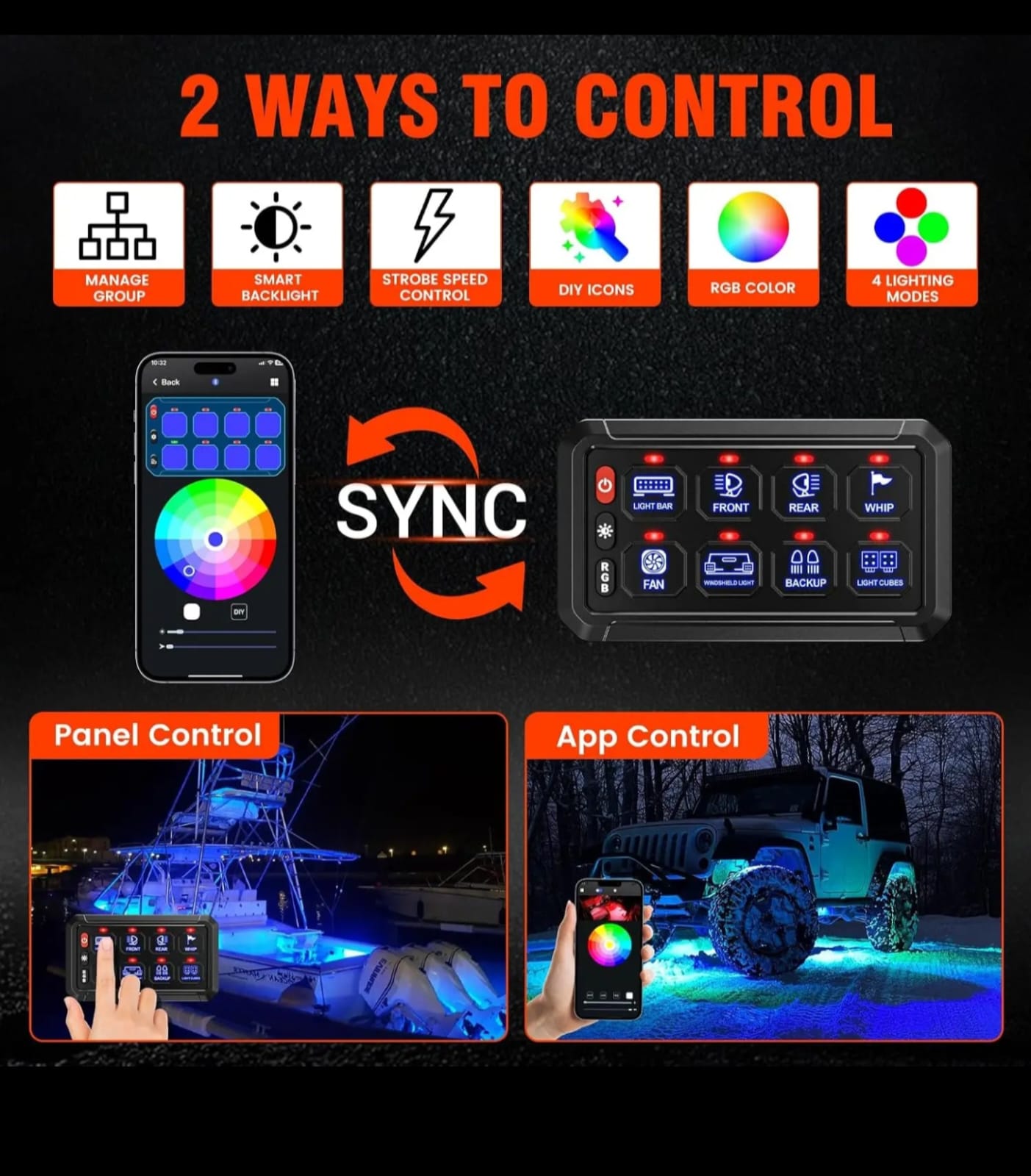 PANEL DE CONTROL SWITCH RGB BLUETOOTH 8 CANALES 12V/24V IP65